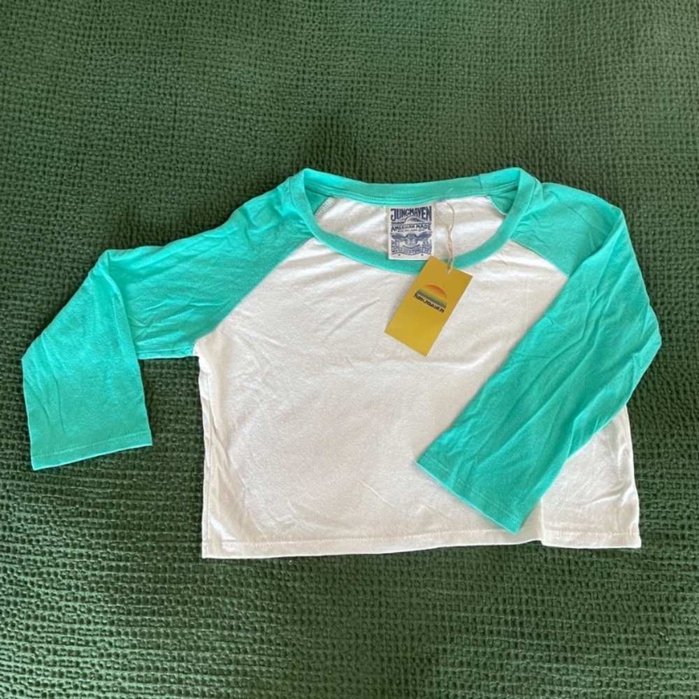 COPY - COPY - Jungmaven crop top baseball tee white and aqua. Small